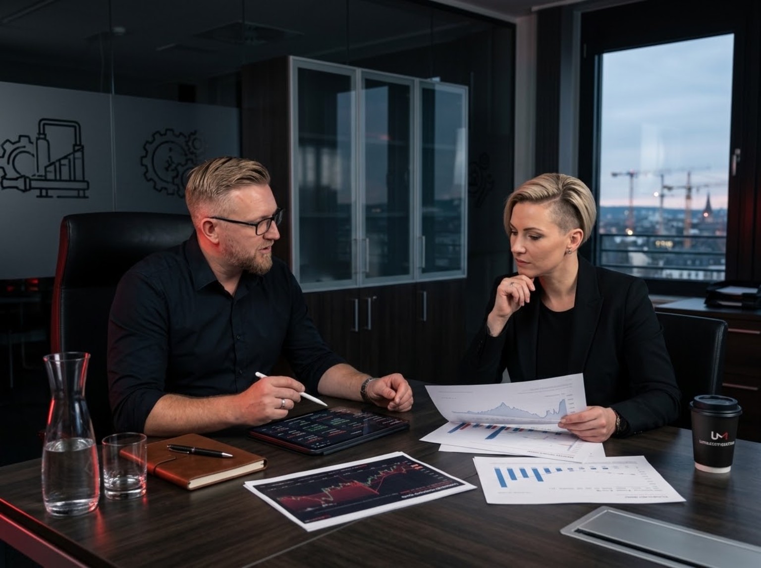 Strategische Beratung am dunklen Besprechungstisch: Sascha Frenz mit einer Gesprächspartnerin, Tablet, ausgedruckten Diagrammen und Umsatzmaschine-Kaffeebecher.